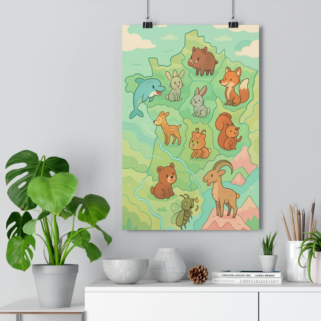 Poster décoratif carte France pastel aquarelle animaux ludique chambre enfant moderne joyeux coloré élégant