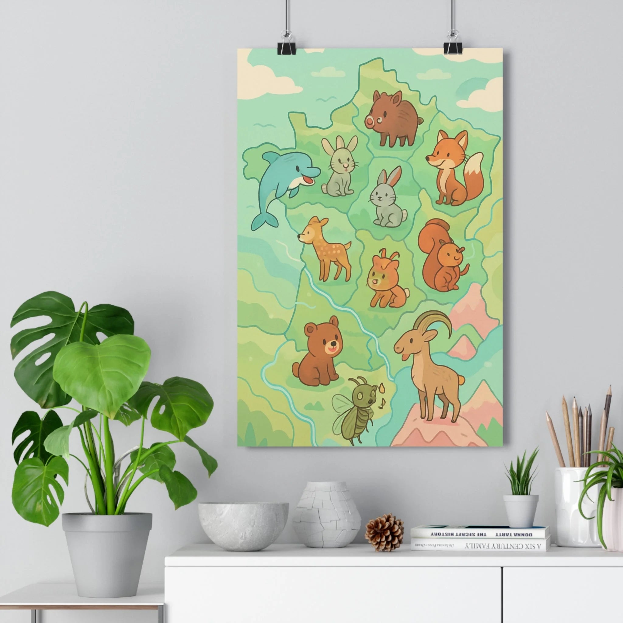 Poster décoratif carte France pastel aquarelle animaux ludique chambre enfant moderne joyeux coloré élégant