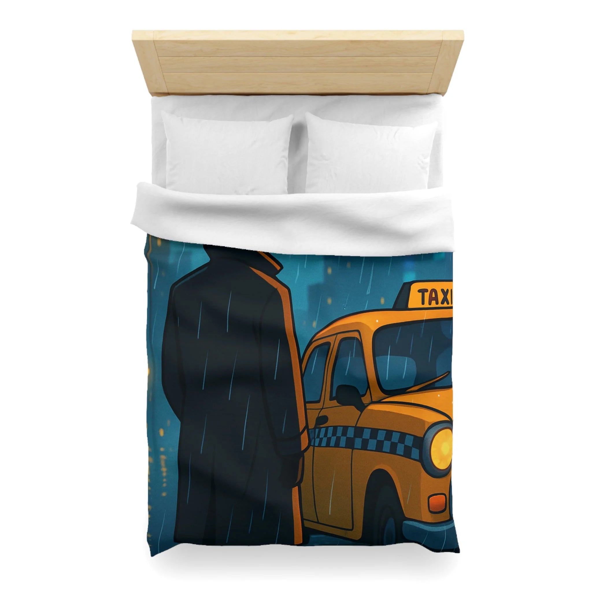 Mystérieux Homme En Imper Parapluie Noir Attendant Taxi Jaune Sous Pluie Urbaine Nocturne