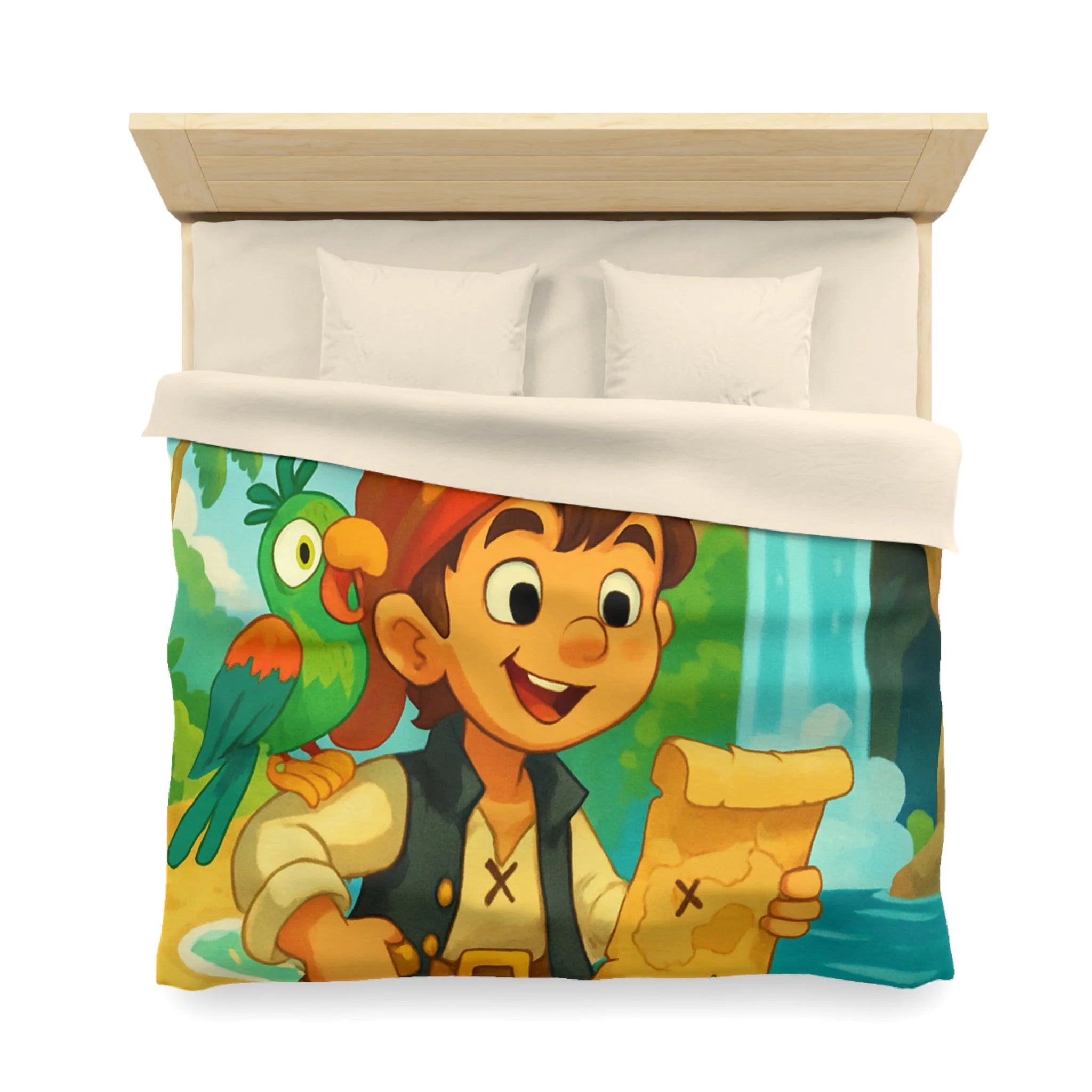 Housse de Couette Pirate Enfantine avec Perroquet, Carte au Trésor, Cascade et Plage