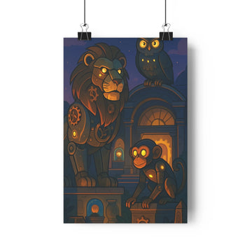 Poster mystique lion mécanique chauve-souris arches lumières dorées bleu nuit textures détaillées ambiance surnaturelle chambre salon