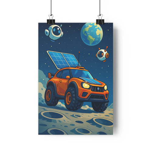 Poster exploration spatiale lunare vehicule tout terrain panneau solaire humain miniature cratère nuage terre lointaine espace futuriste cartoon bleu orange