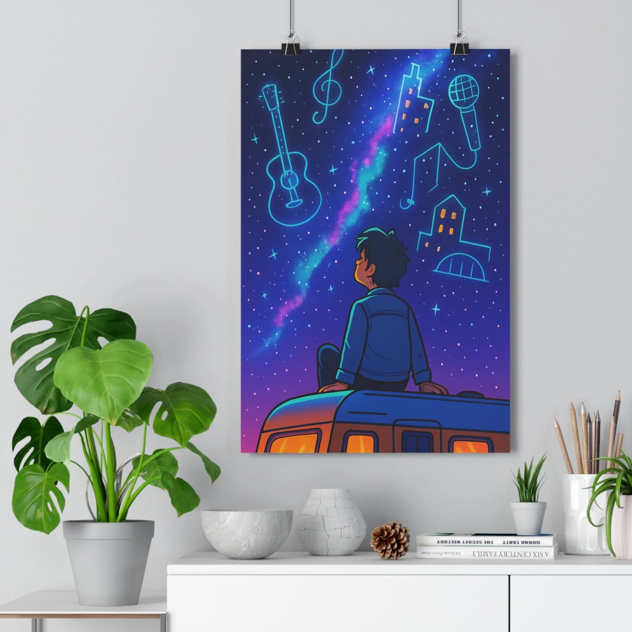 Poster décoratif cosmos néon bleu violet rose cartoon chambre créatif mystique aventure jeune homme