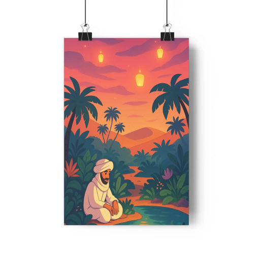 Poster paysage crépuscule tropical homme méditant lanternes palmiers plantes exotiques couleurs pastel ambiance apaisante salon chambre