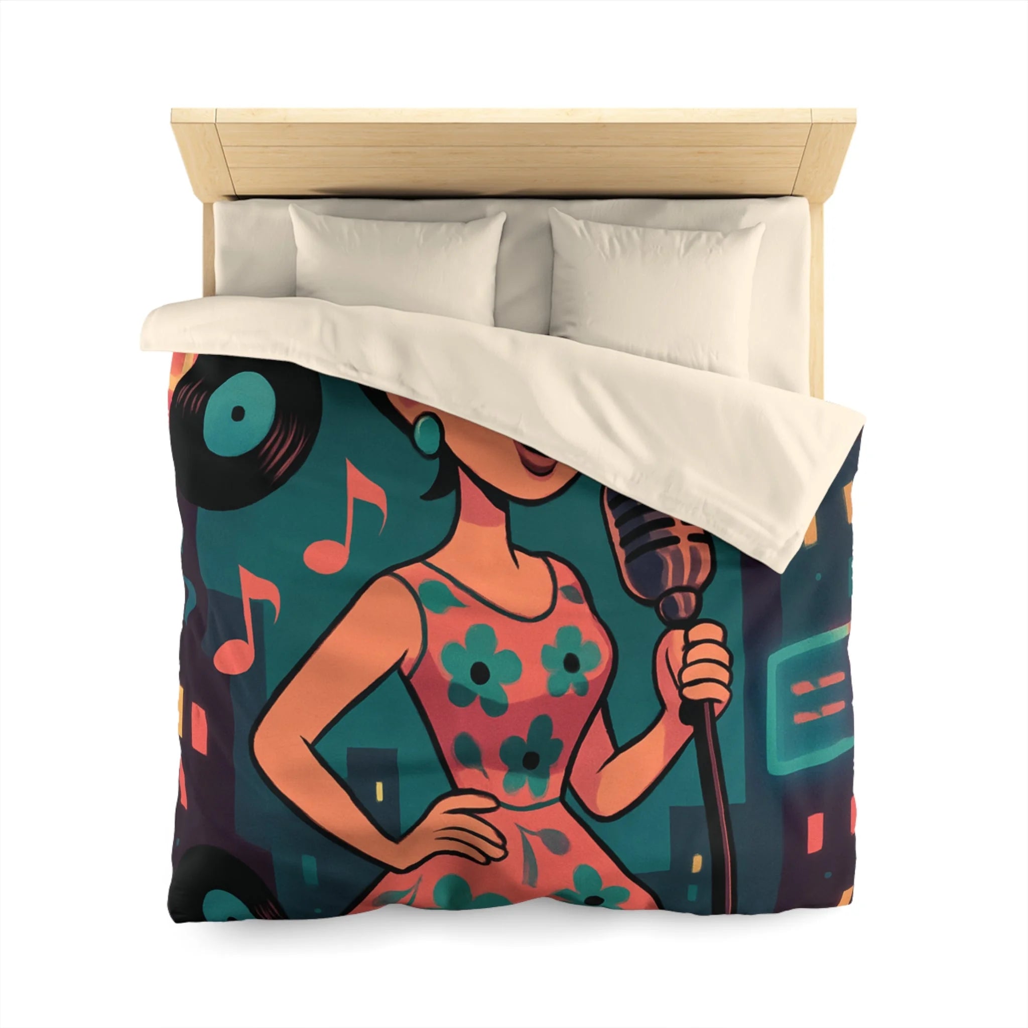 Housse de Couette Vintage Femme en Robe à Fleurs Chante Microphone Musique.