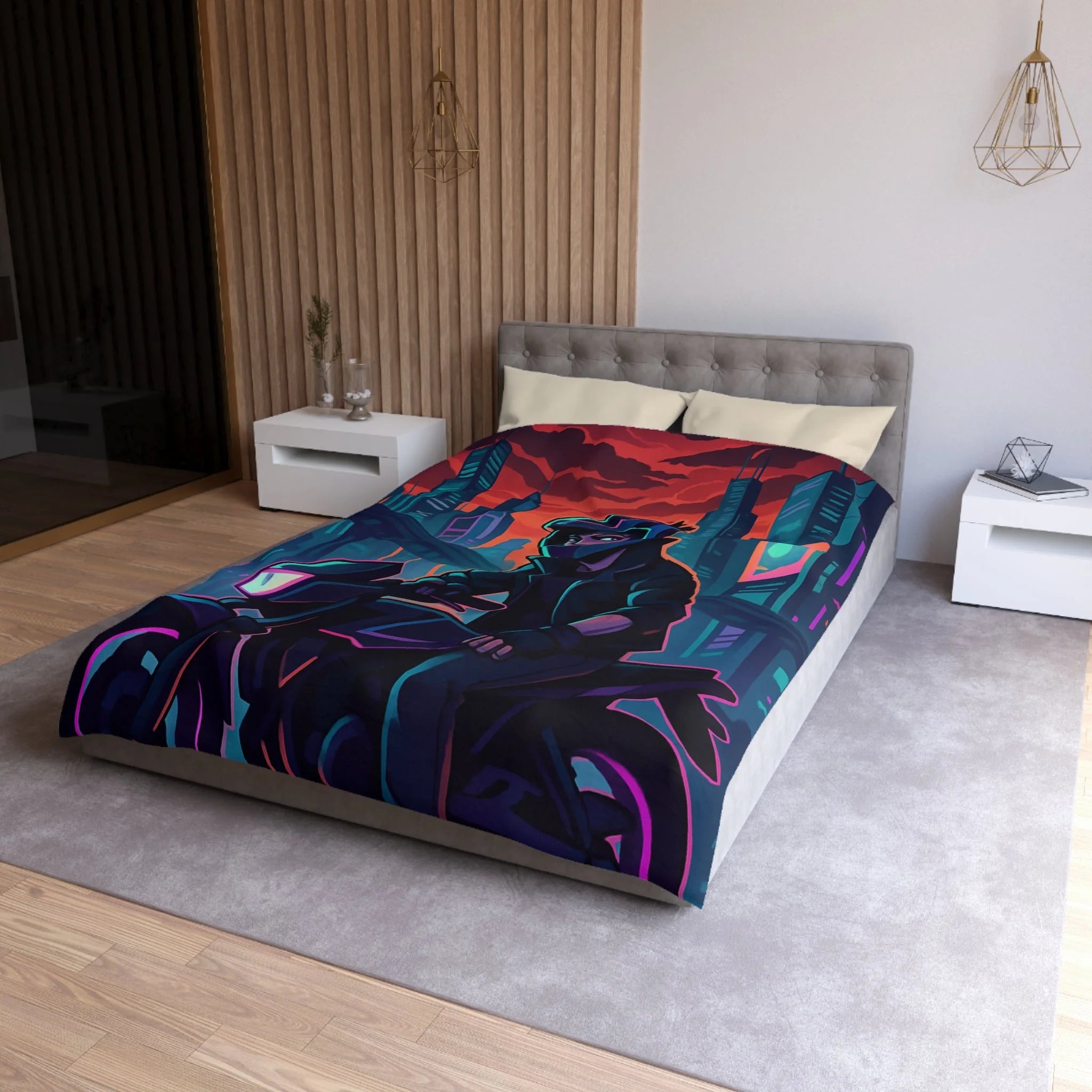 Housse de couette urbaine avec motard futuriste dans une ville de néons colorés