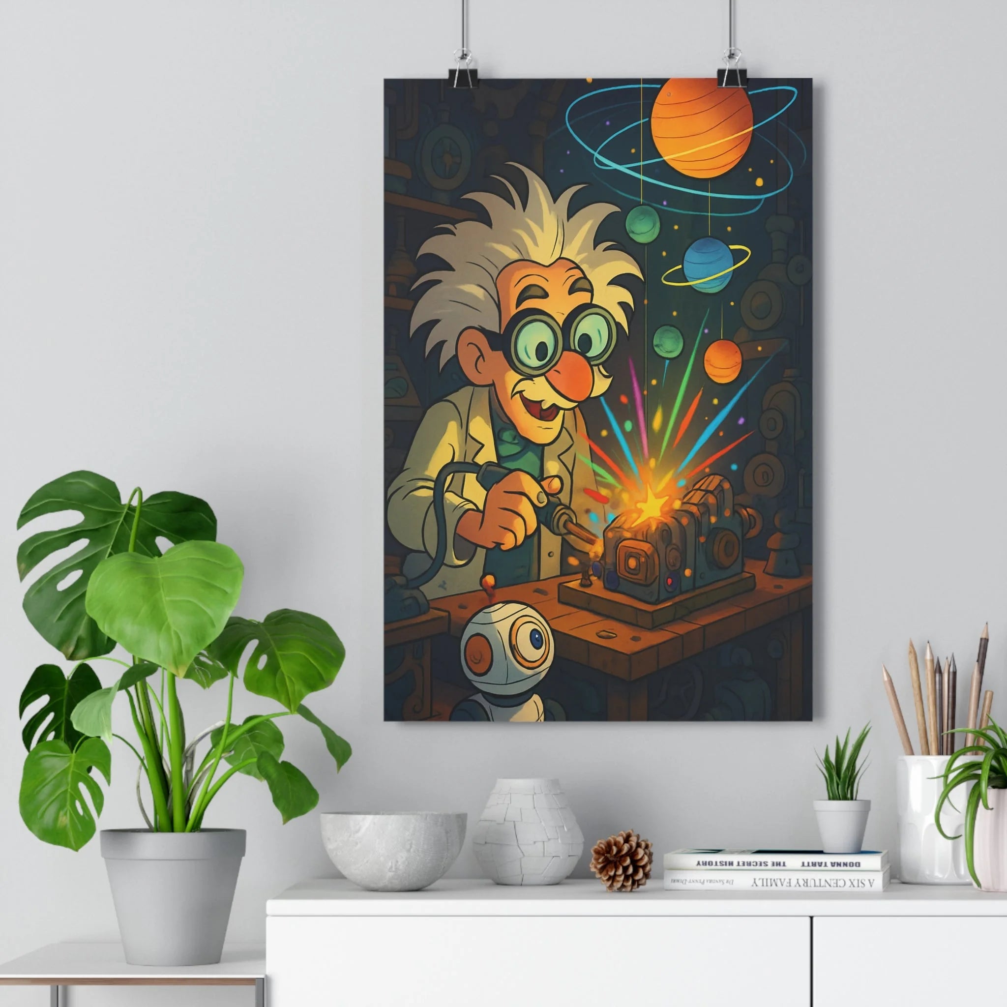 Poster décoratif inventeur joyeux bleu orange vert fantastique bureau dynamique créatif robot lunettes planètes