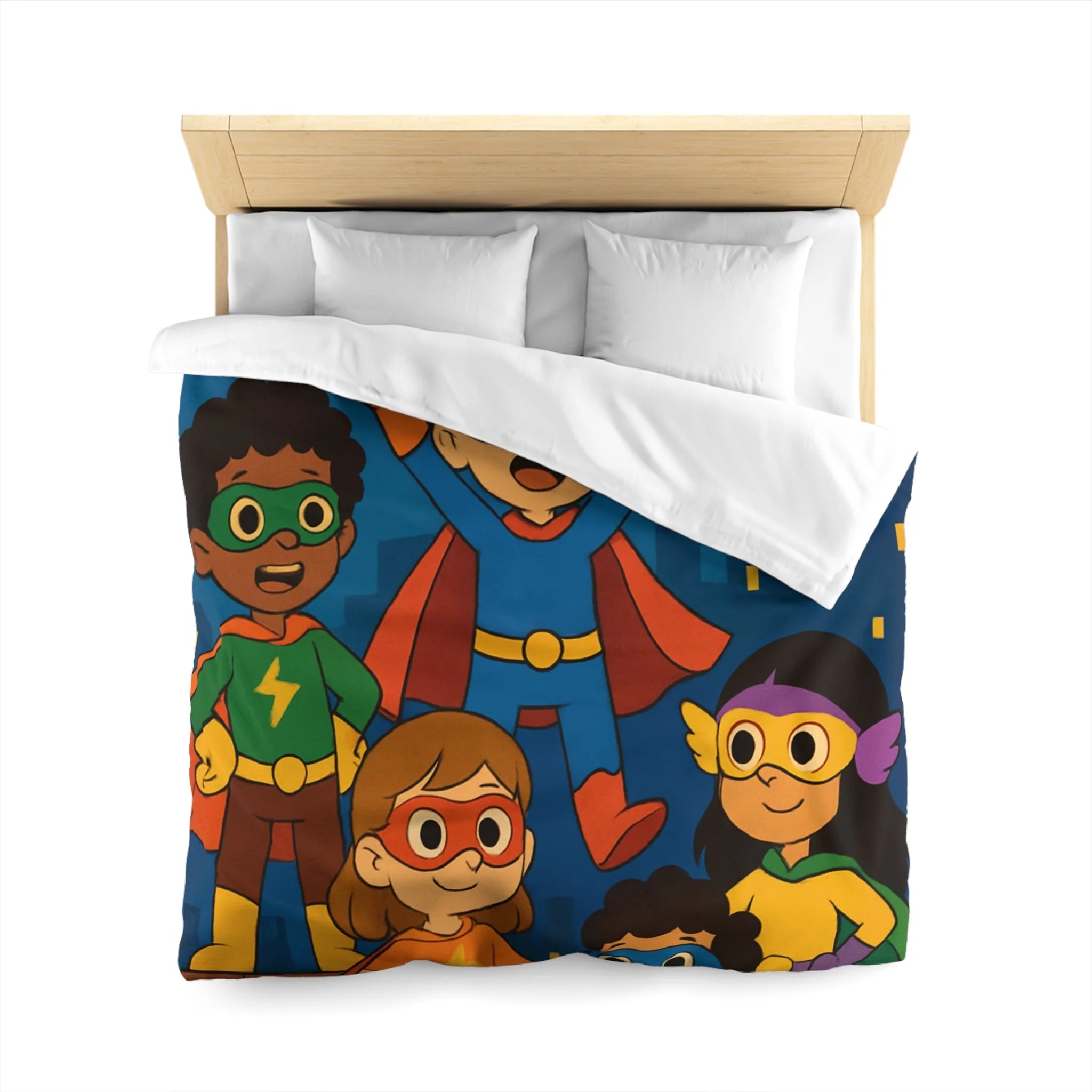 Super-héros Enfants Volant Nuit Ciel Étoilé Ville Amis Confiants Housse de Couette Colorée