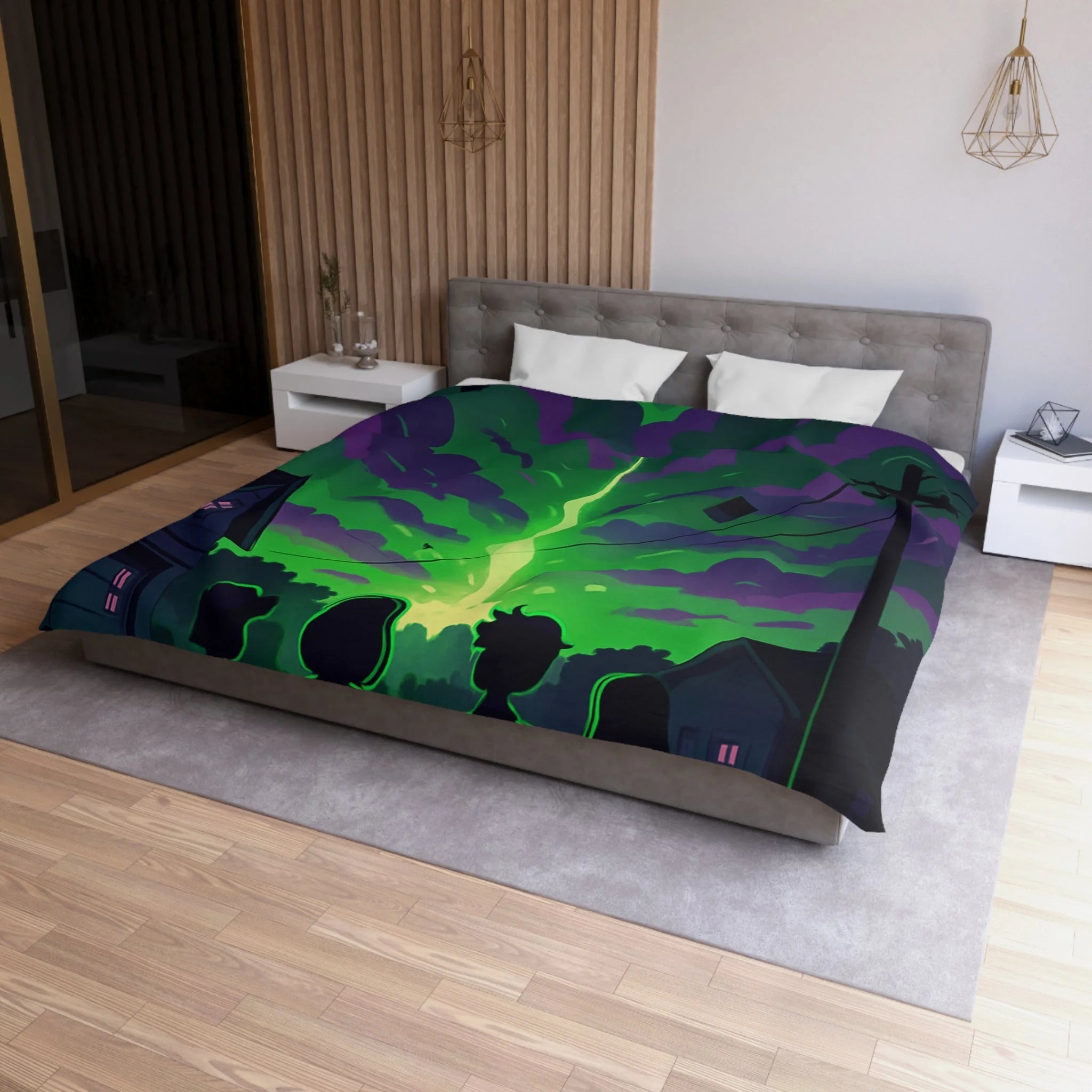 Housse de couette pour chambre avec ciel nocturne mystérieux et silhouettes d'enfants