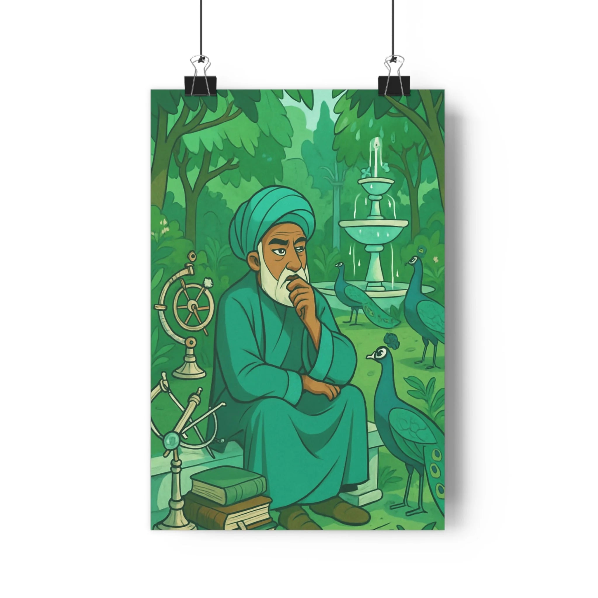 Poster décoratif cartoon vert serein jardin homme livres paons science instruments salon bureau qualité