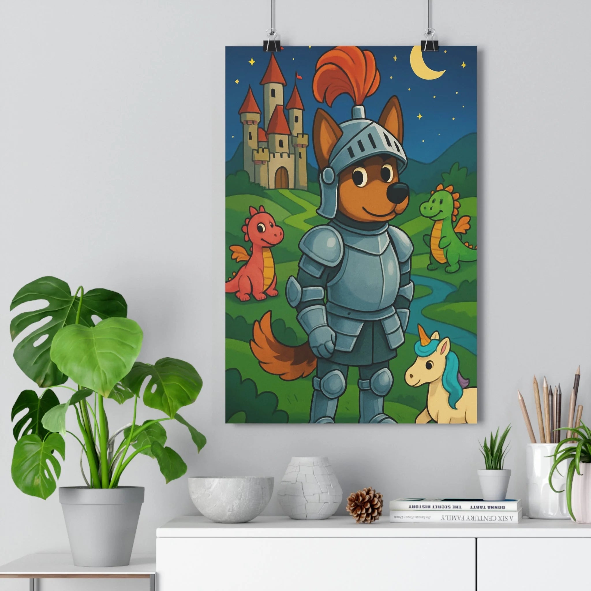 Poster décoratif chien médiéval fantastique vert bleu magique enfant cartoon vibrant joyeux ludique chambre