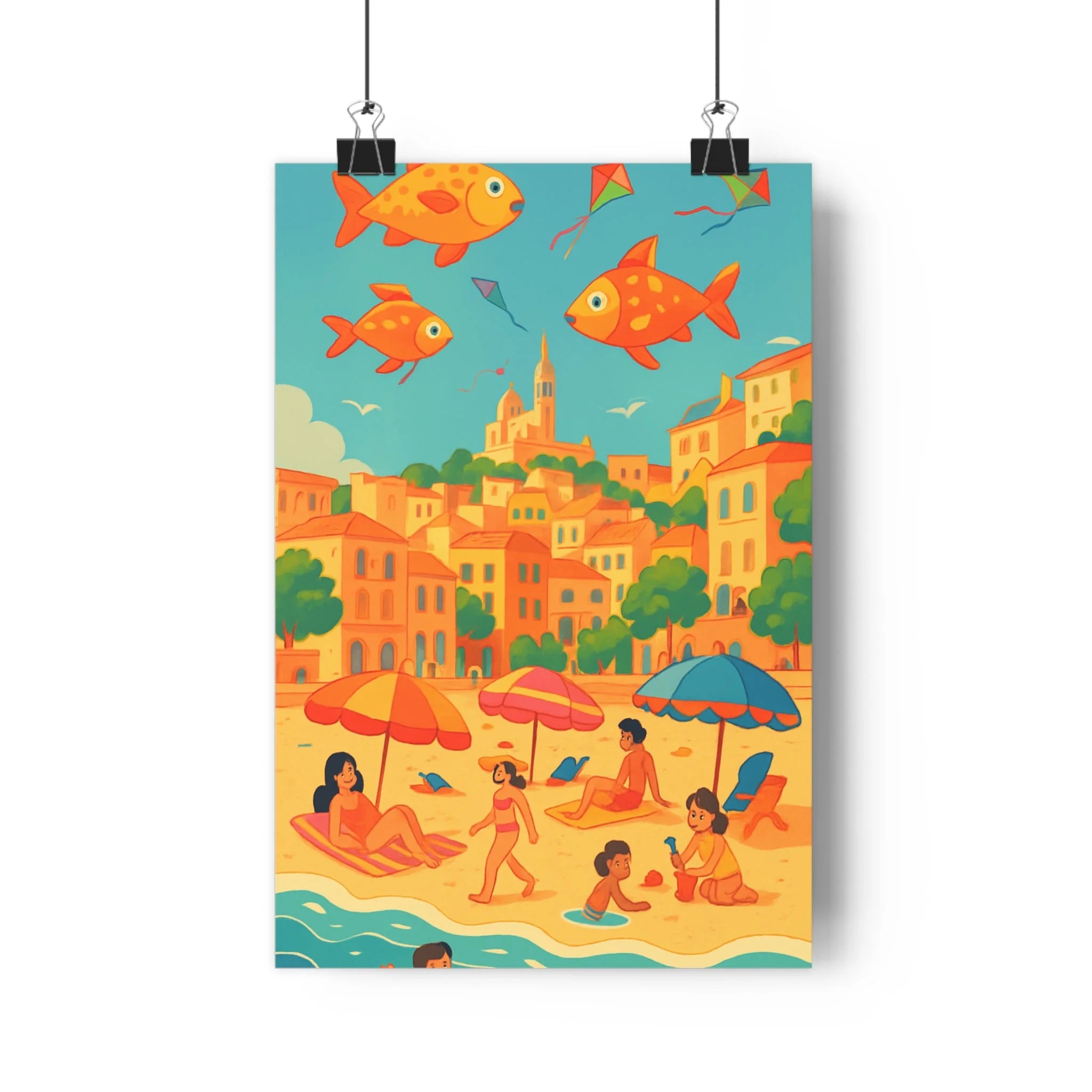 Poster décoratif méditerranéen cartoon coloré joyeux plage poissons ciel surréaliste salon chambre bureau qualité