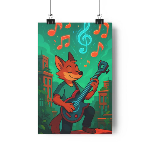 Poster renarde guitare urbain notes musicales tshirt bottes expression joyeuse ambiance festive bâtiments fenetres toits environnement dynamique couleurs vives style