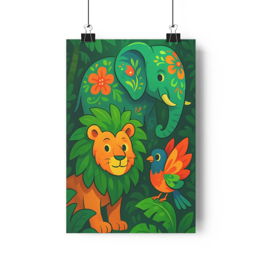 Poster décoratif enfant cartoon éléphant lion oiseau vert orange bleu joyeux chambre ludique 30x46