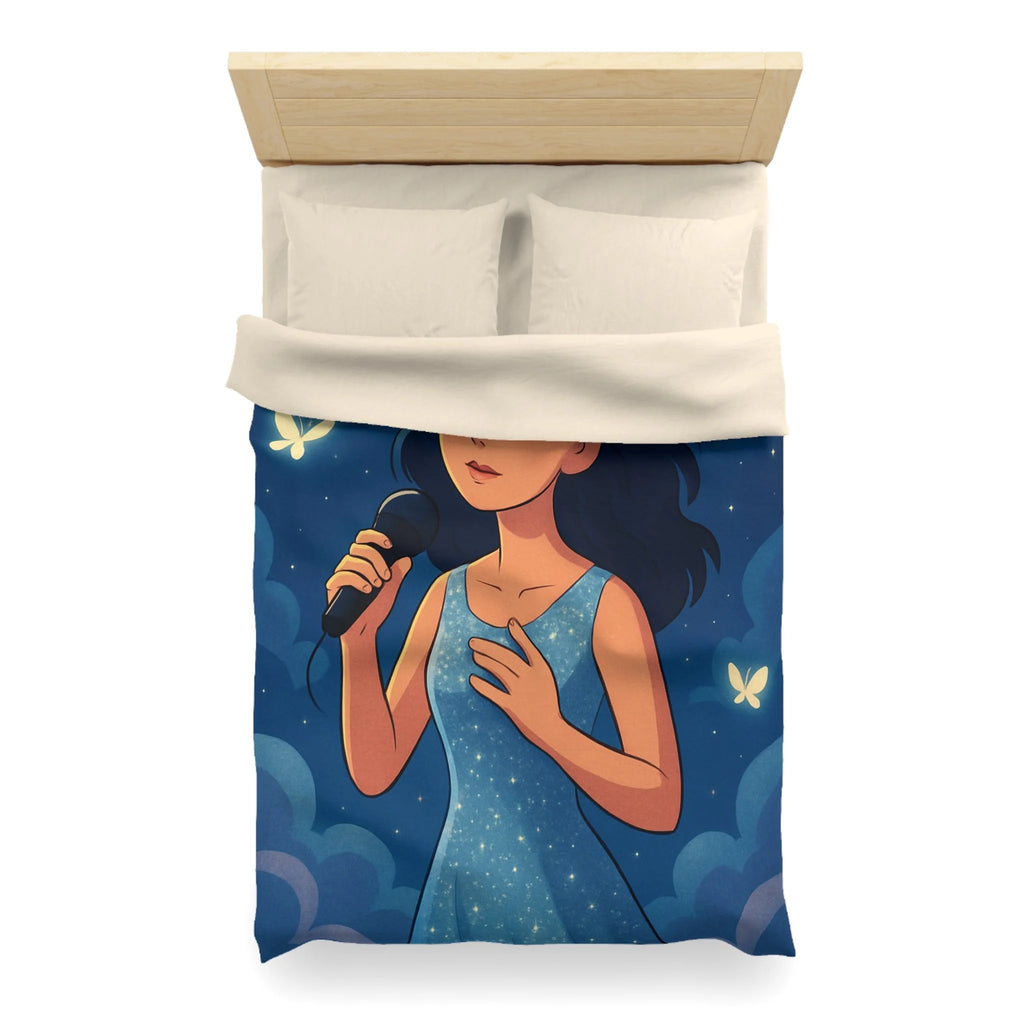 Housse de couette rêveuse avec chanteuse, papillons, lune et ciel étoilé bleu