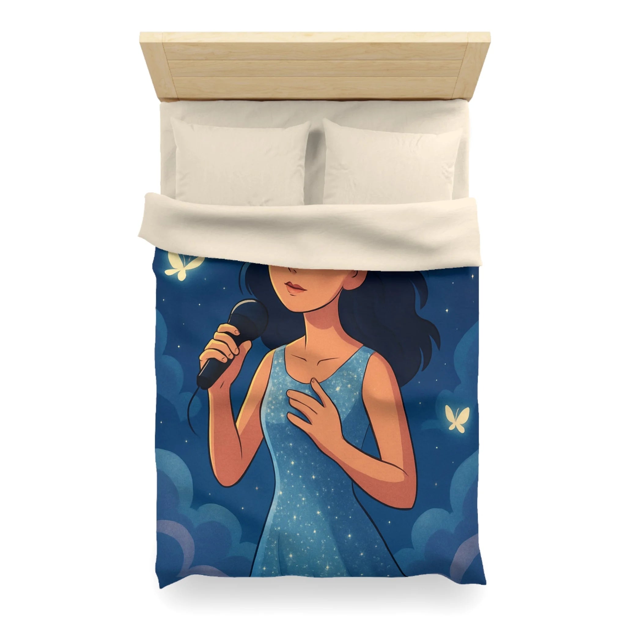 Housse de couette rêveuse avec chanteuse, papillons, lune et ciel étoilé bleu