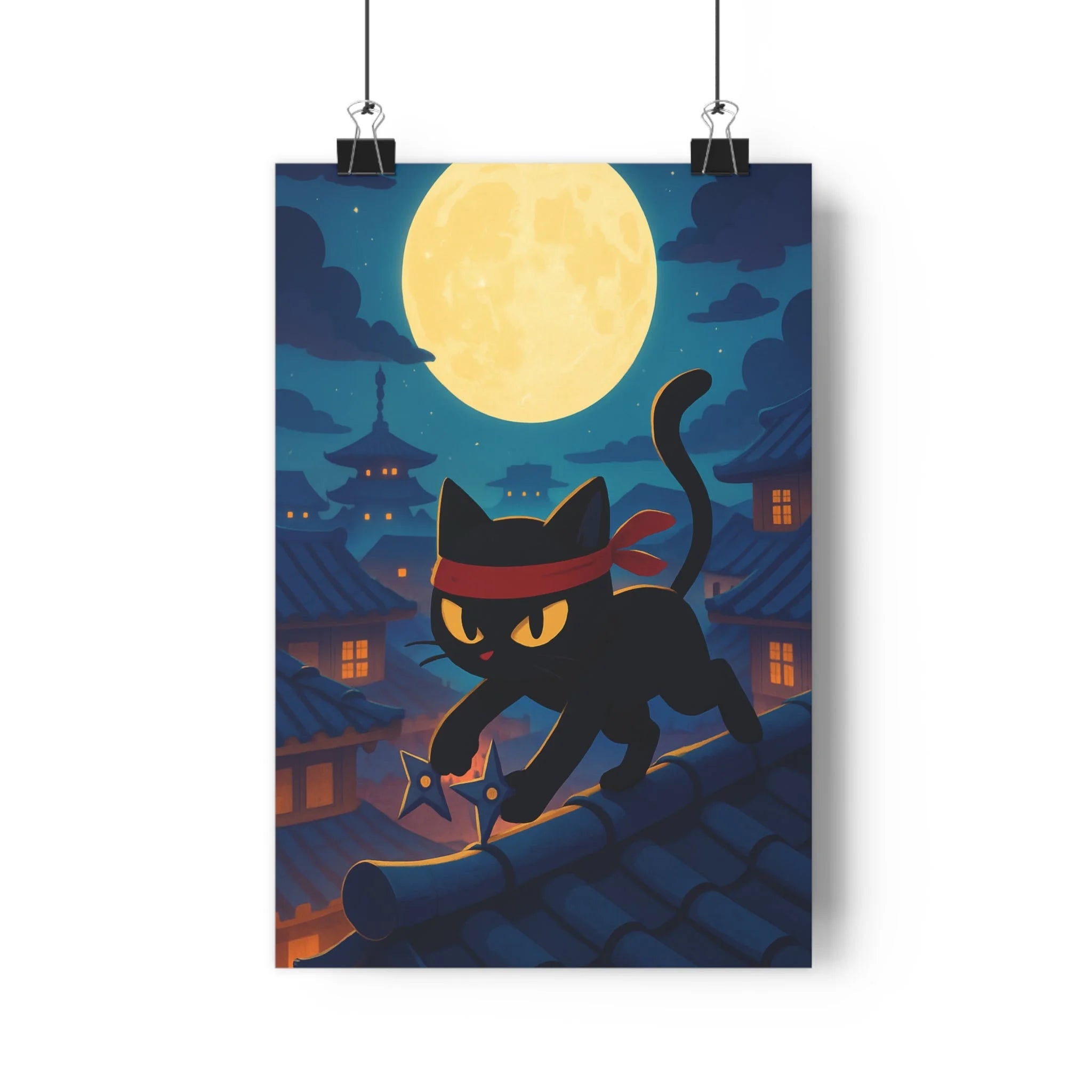 Poster décoratif chat noir rouge mystique nocturne japonais chambre bureau art mur décoration qualité