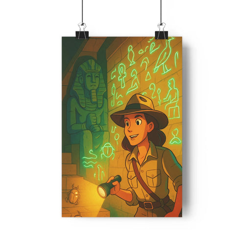 Poster égyptien exploration torchère statues hiéroglyphes lumière verte mystère aventure couleurs chaudes cartoongraphie bureau salon jeu captivant