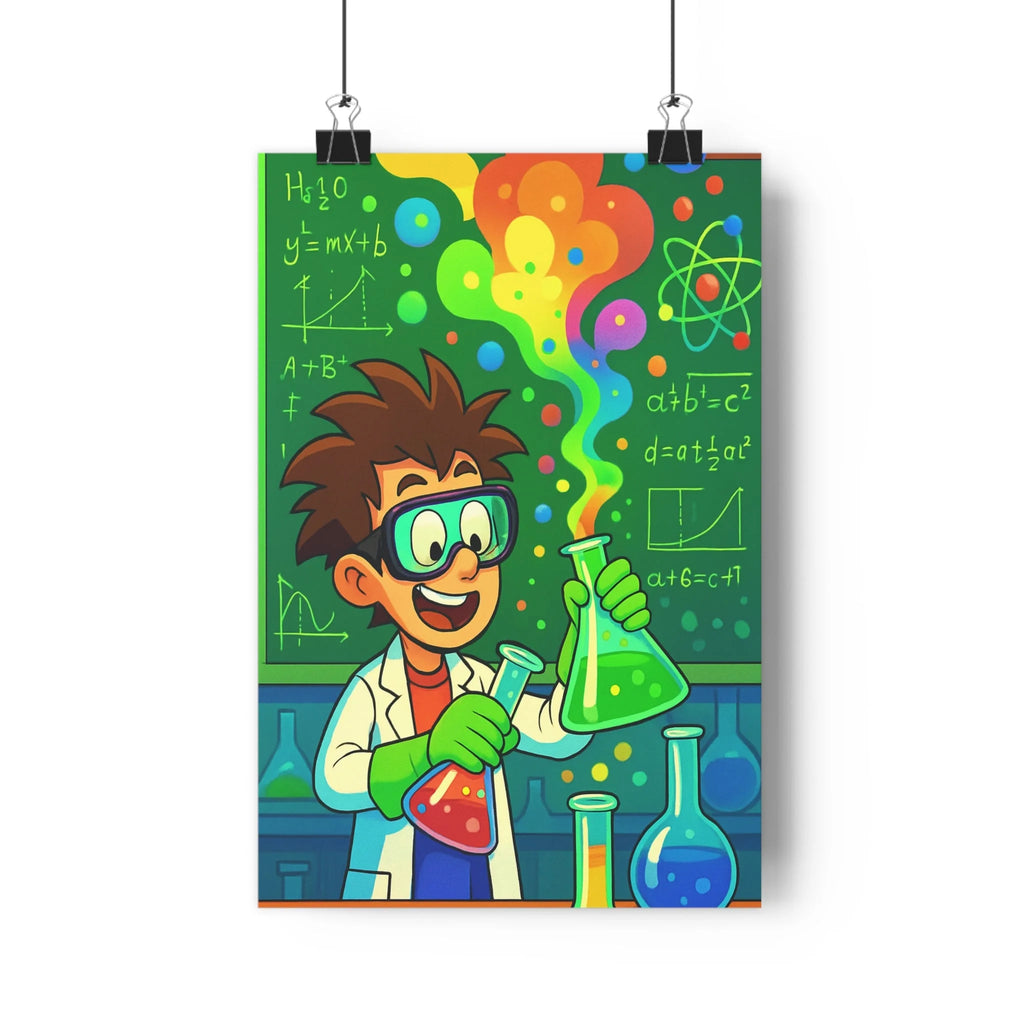 Poster décoratif scientifique joyeux coloré animé laboratoire enfant éducatif formule chimique vif dynamique lumineux