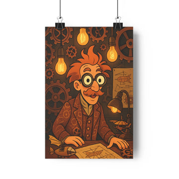 Poster steampunk atelier invention moustache lunettes roues dentées ampoules plant verte création brun noir Jaune