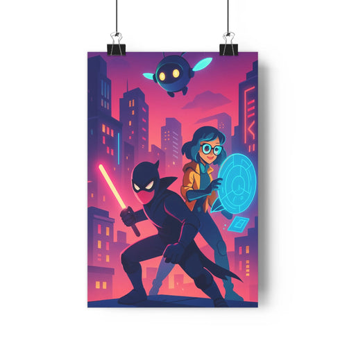 Poster futuriste personnages costumés épée bouclier ville urbaine lumières colorées ciel rose violet contours nets couleurs saturées ambiance dynamique chambre