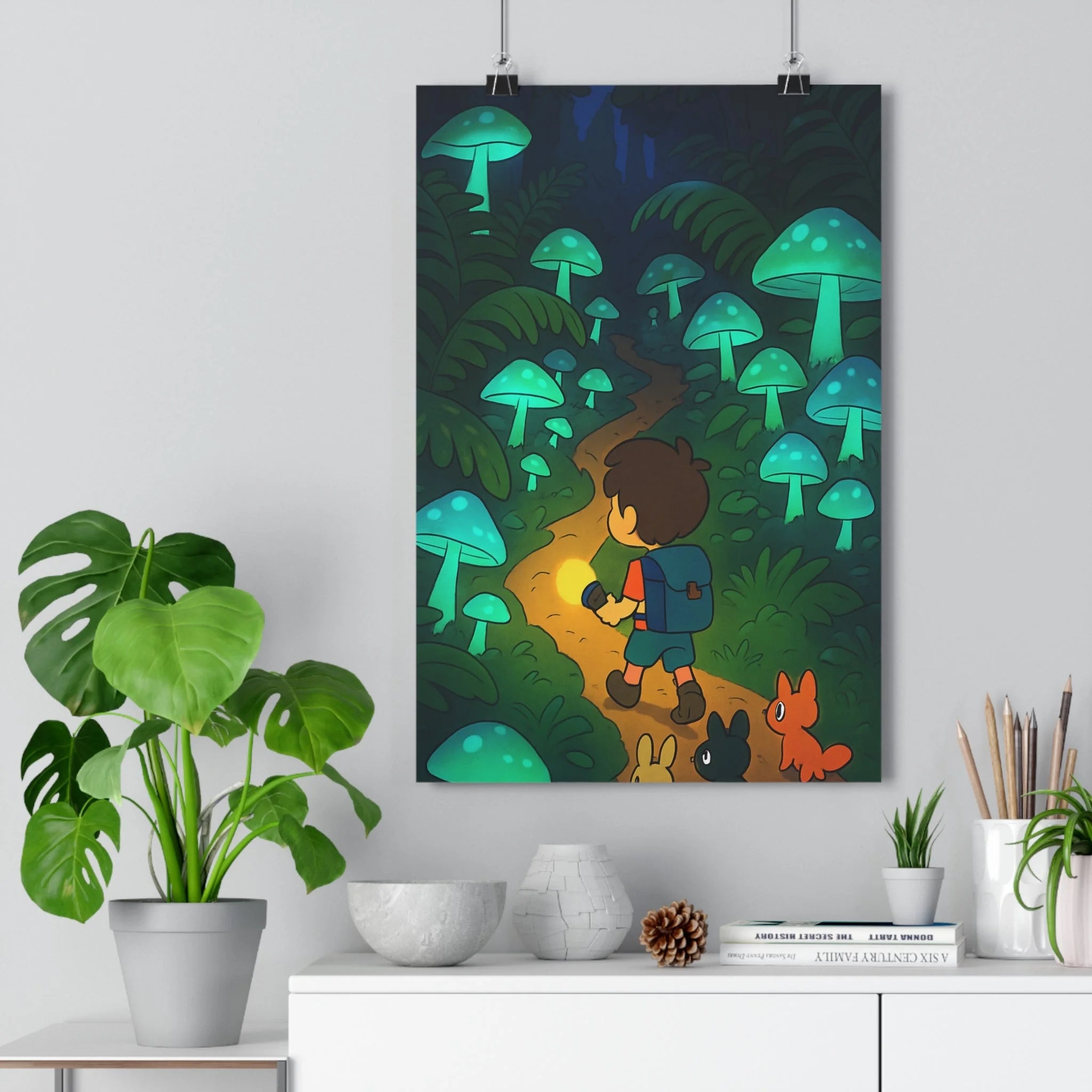 Poster décoratif cartoon forêt mystérieuse bleu vert aventure magique enfant chambre lumineux exploration qualité