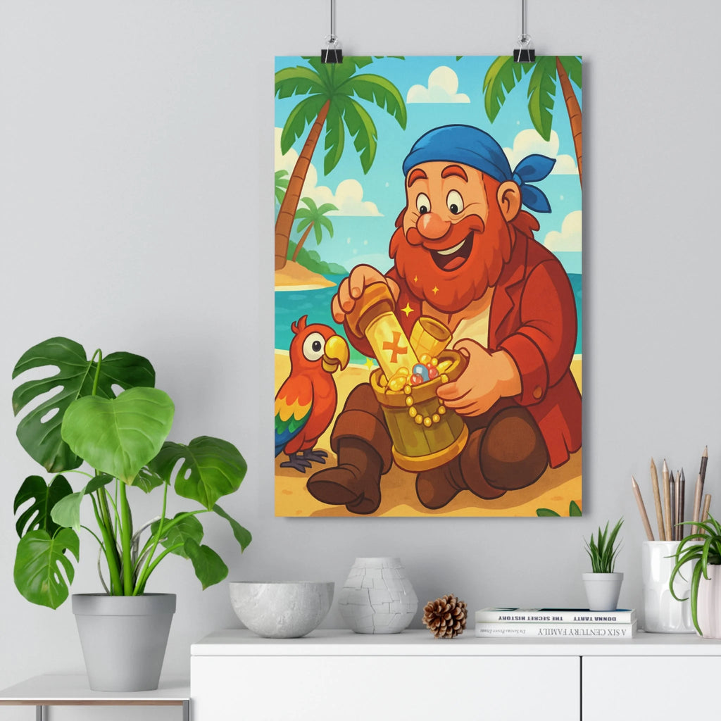 Poster décoratif pirate cartoon bleu pastel joyeux aventure chambre enfant moderne plage trésor perroquet