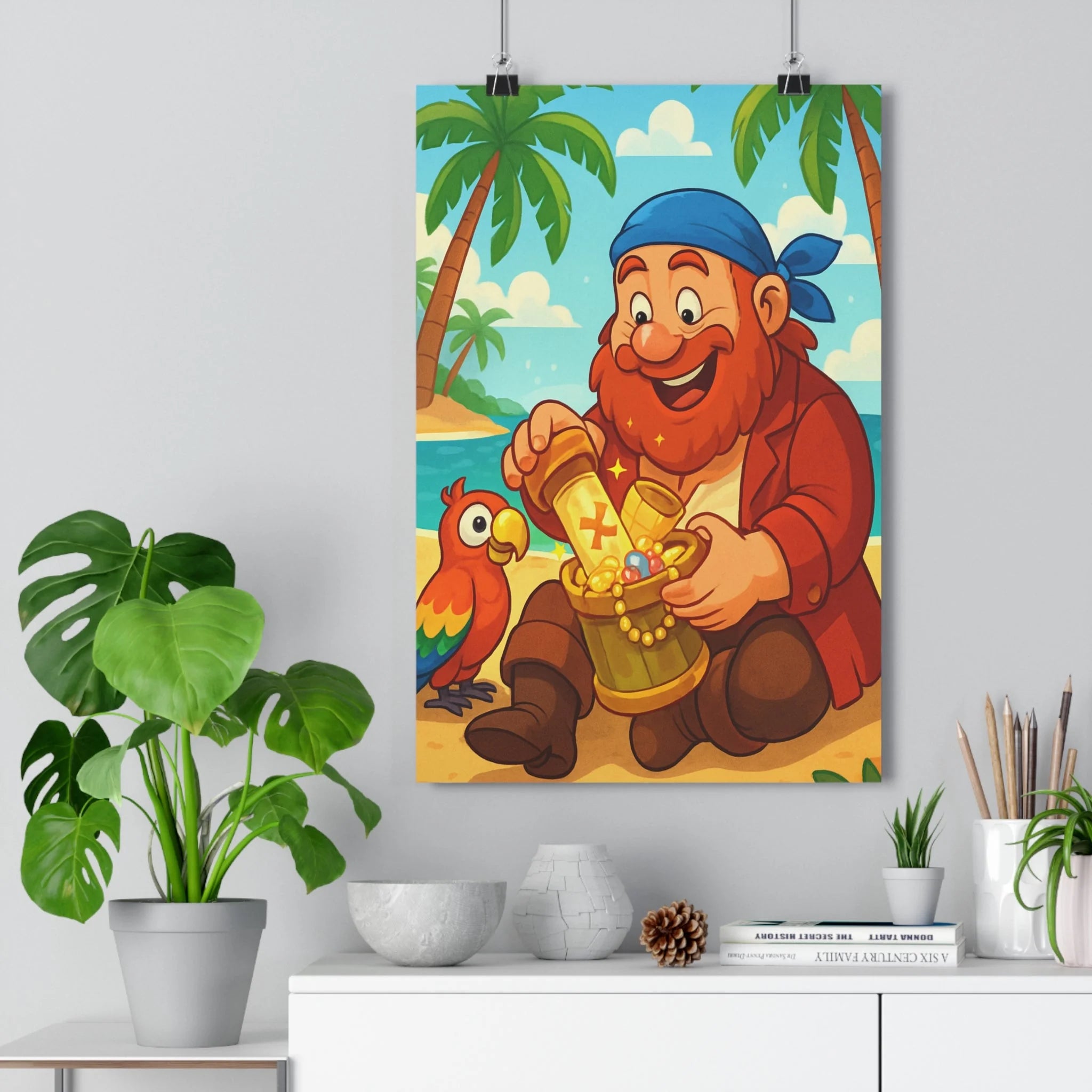 Poster décoratif pirate cartoon bleu pastel joyeux aventure chambre enfant moderne plage trésor perroquet