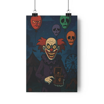 Poster clown menaçant boîte ouverte ballons crânes roue cirque costume rond couleur fond sombre ambiance festive tension mur chambre salon