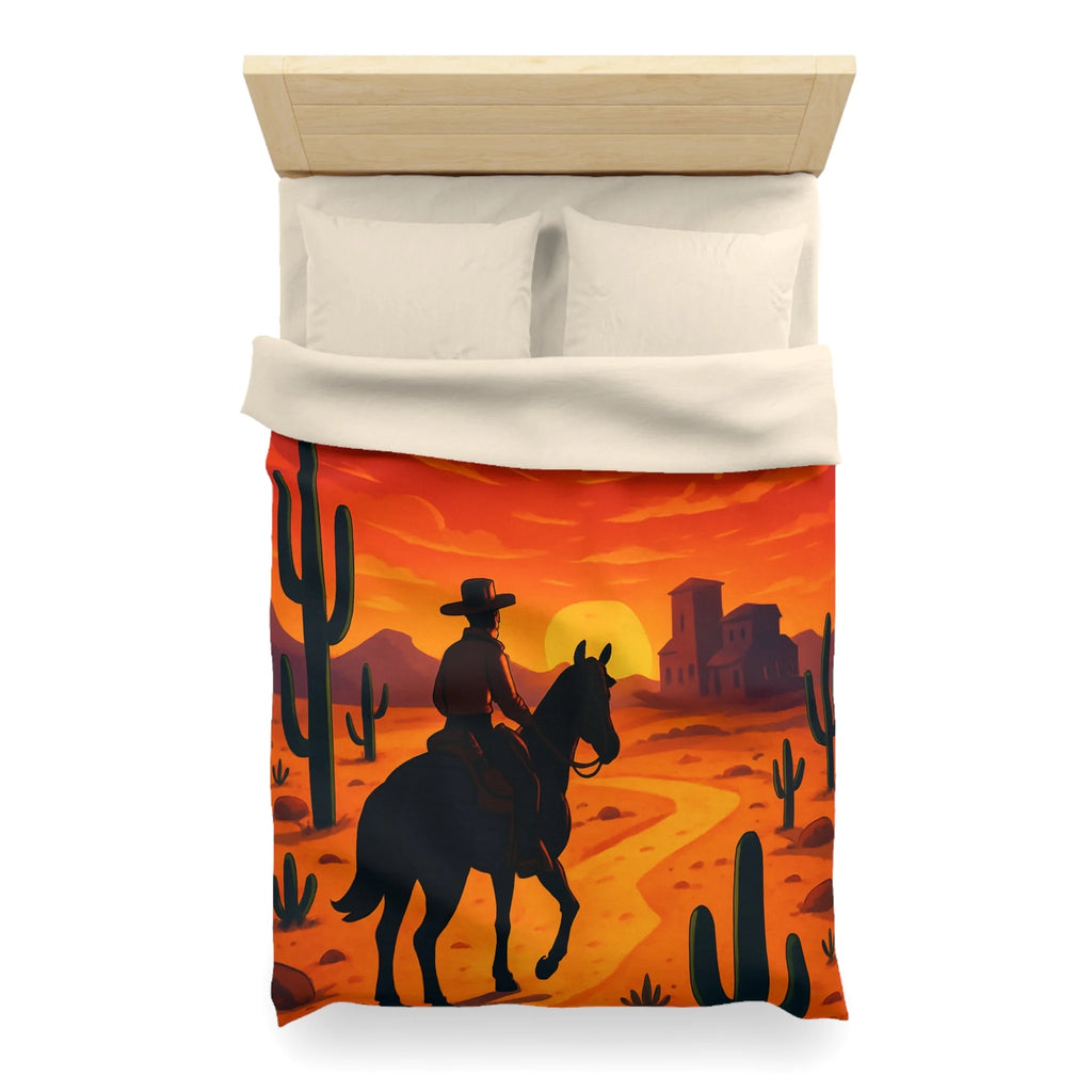 Housse de Couette Stylée Désert Crépusculaire avec Cowboy et Cactus Silhouettes