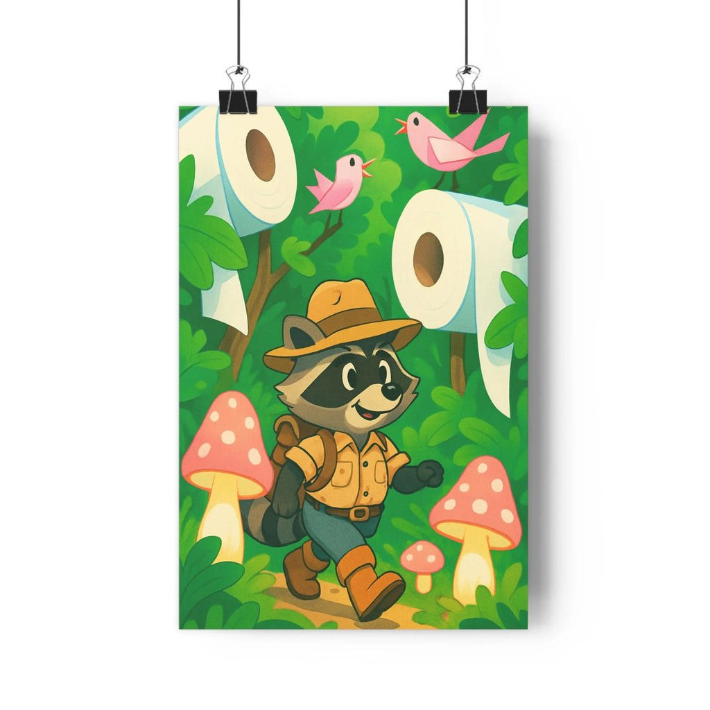 Poster décoratif enfant joyeux forêt raton laveur vert rose cartoon aventure magique chantant lumineux