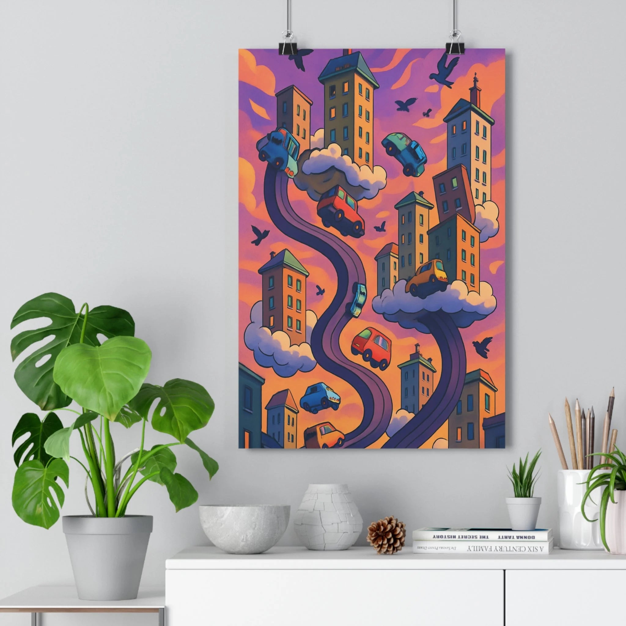Poster décoratif dessin animé surréaliste violet orange fantastique rêveur salon chambre mur espace qualité