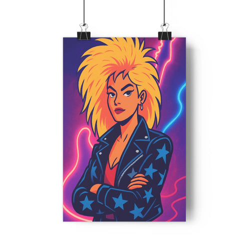 Poster femme blonde cuir punk étoiles néon violet rose moderne ambiance électrique plante verte console livres vases