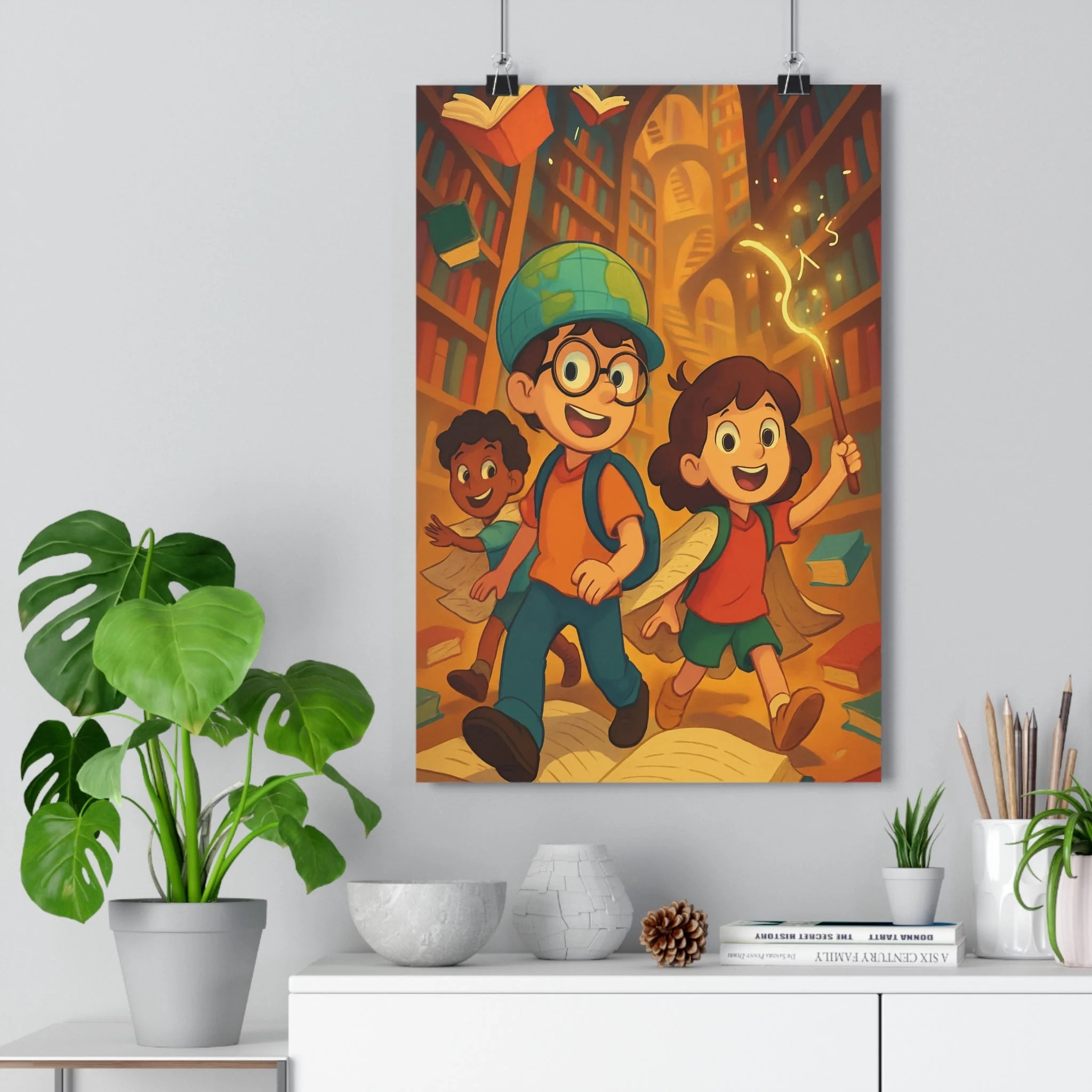 Poster décoratif cartoon coloré aventure joyeux enfant chambre bibliothèque magique apprentissage découverte amusant chaleureux