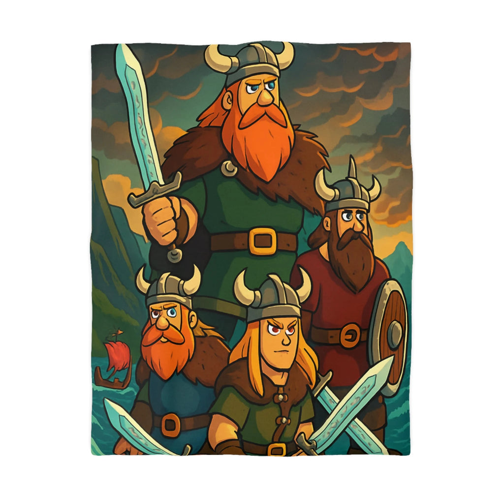 Housse de couette viking épique avec des guerriers et paysage dramatique