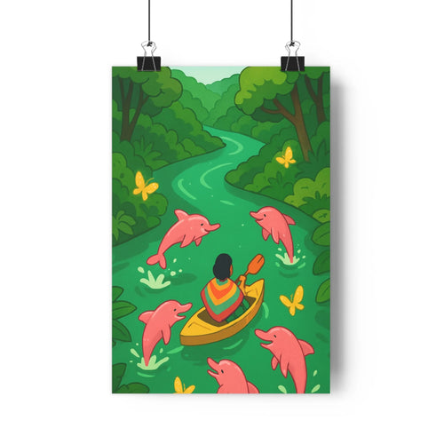 Poster paysage rivière dauphins papillons nature verdoyante ambiance joyeuse style cartoon couleurs pastel chambre salon