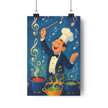 Poster chef cuisine danse cuillère soupe notes musique bol vapeur fond bleu nuit couleurs chaudes style cartoon joyeux
