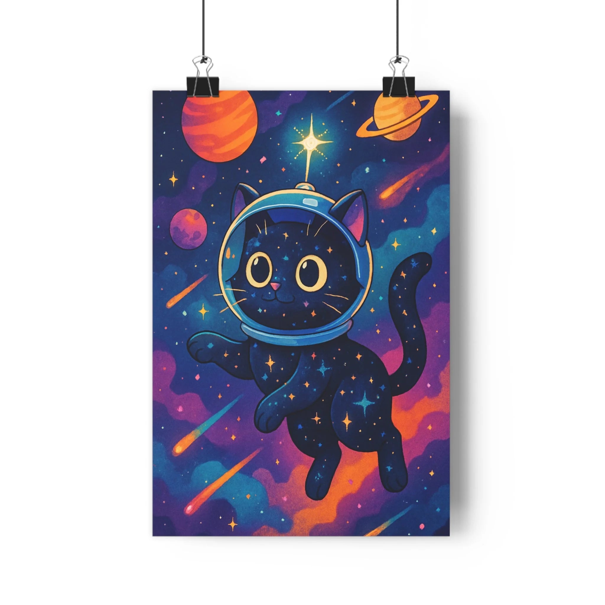 Poster décoratif chat cosmique orange bleu violet futuriste mystique chambre bureau fantaisie design tendance