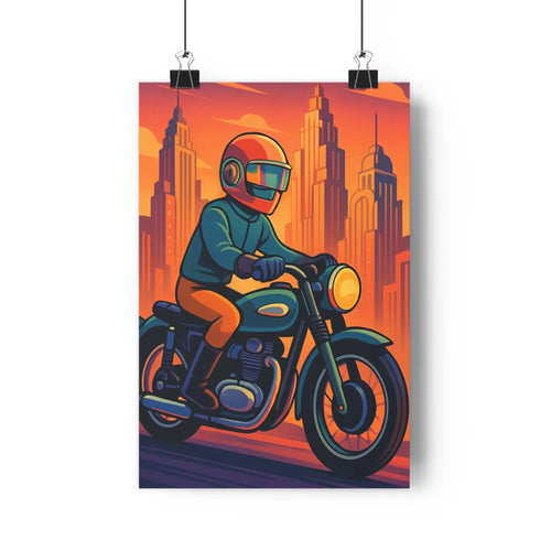 Poster homme moto casque orange bleu ciel couchant gratte-ciels moderne minimaliste couleurs chaudes ambiance dynamique vibrant office chambre