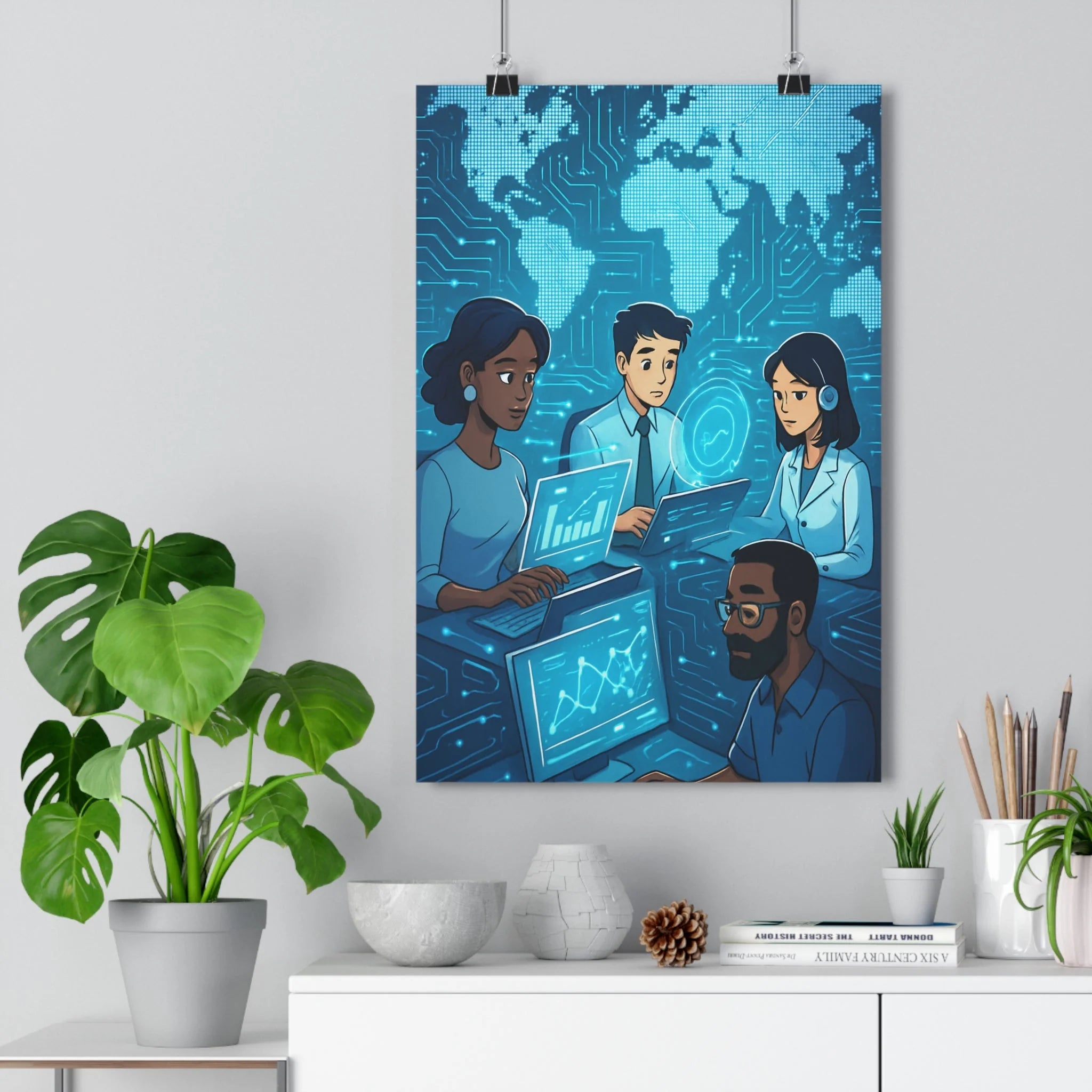 Poster décoratif cartoon technologique bleu futuriste bureau graphique connexion monde personnages innovant unique qualité