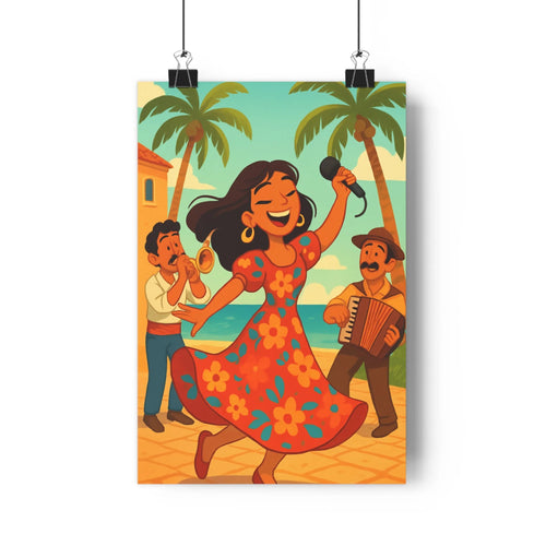 Poster décoratif joyeux musique méditerranéenne danse femme cartoon rouge jaune turquoise salon chambre qualité