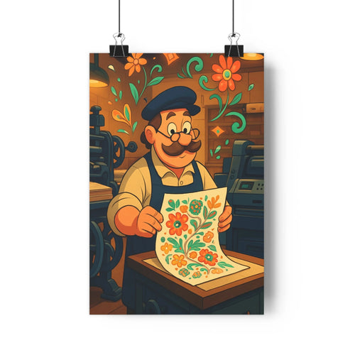 Poster vintage cartoon artisan imprimerie machines florales chaleur tradition satisfaction verte bleue orangée optimiste bureau atelier