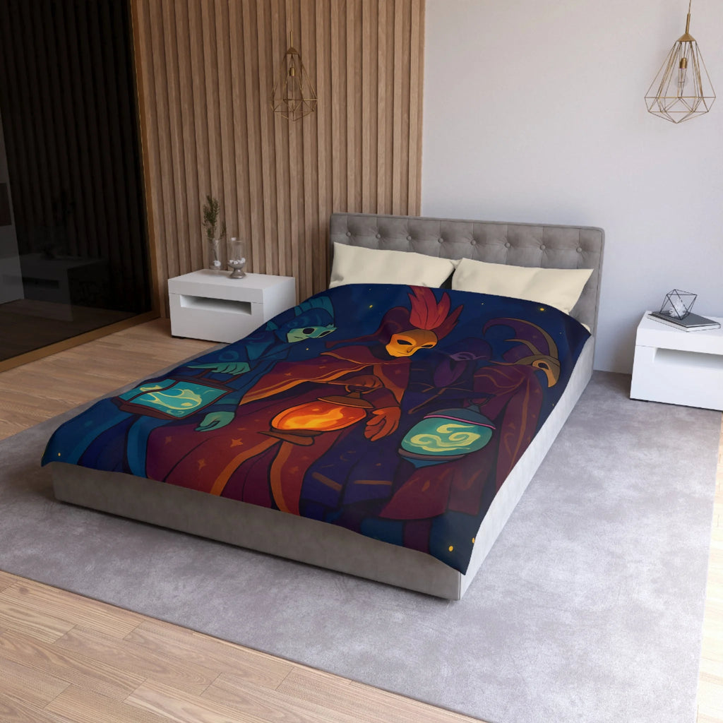 Housse de couette mystérieuse avec personnages masqués et lanternes en forêt étoilée