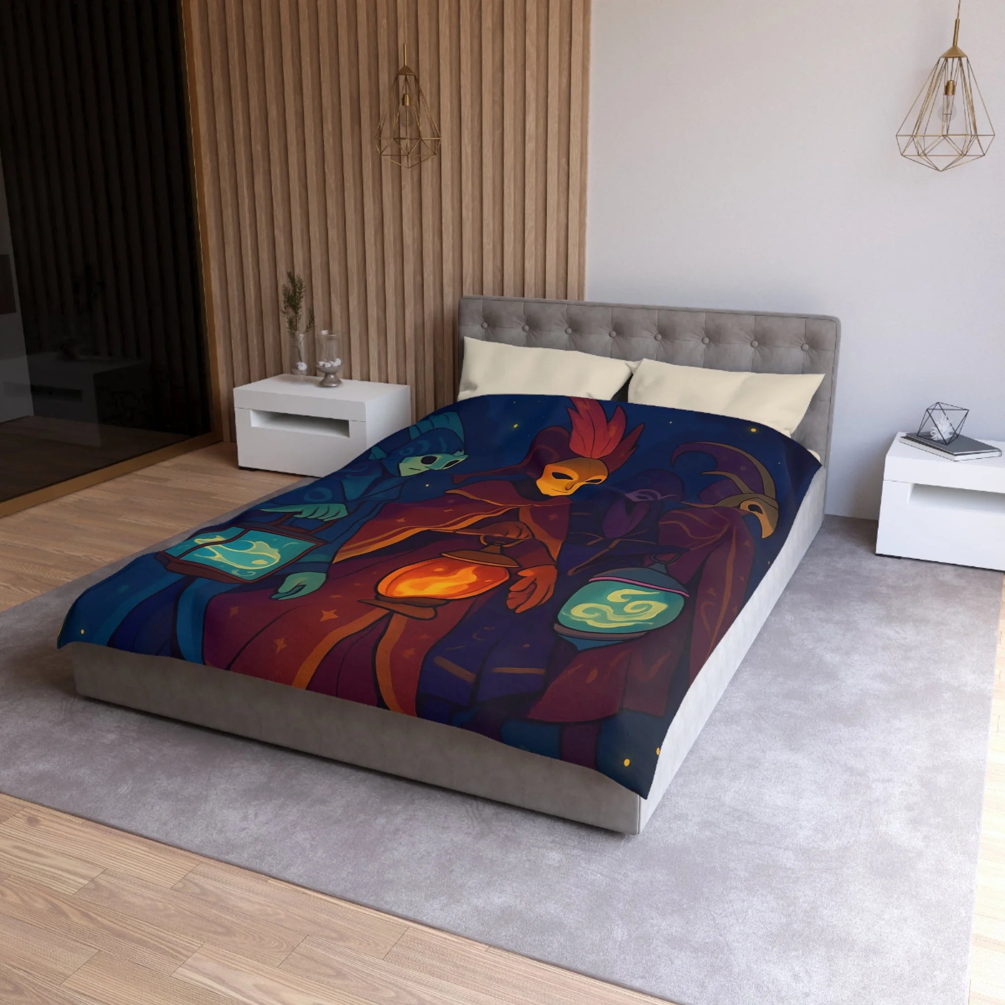 Housse de couette mystérieuse avec personnages masqués et lanternes en forêt étoilée
