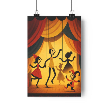 Poster marionnettes rideau rouge noir danse joyeuse bois clair personnages colorés ambiance festive cartoon minimaliste