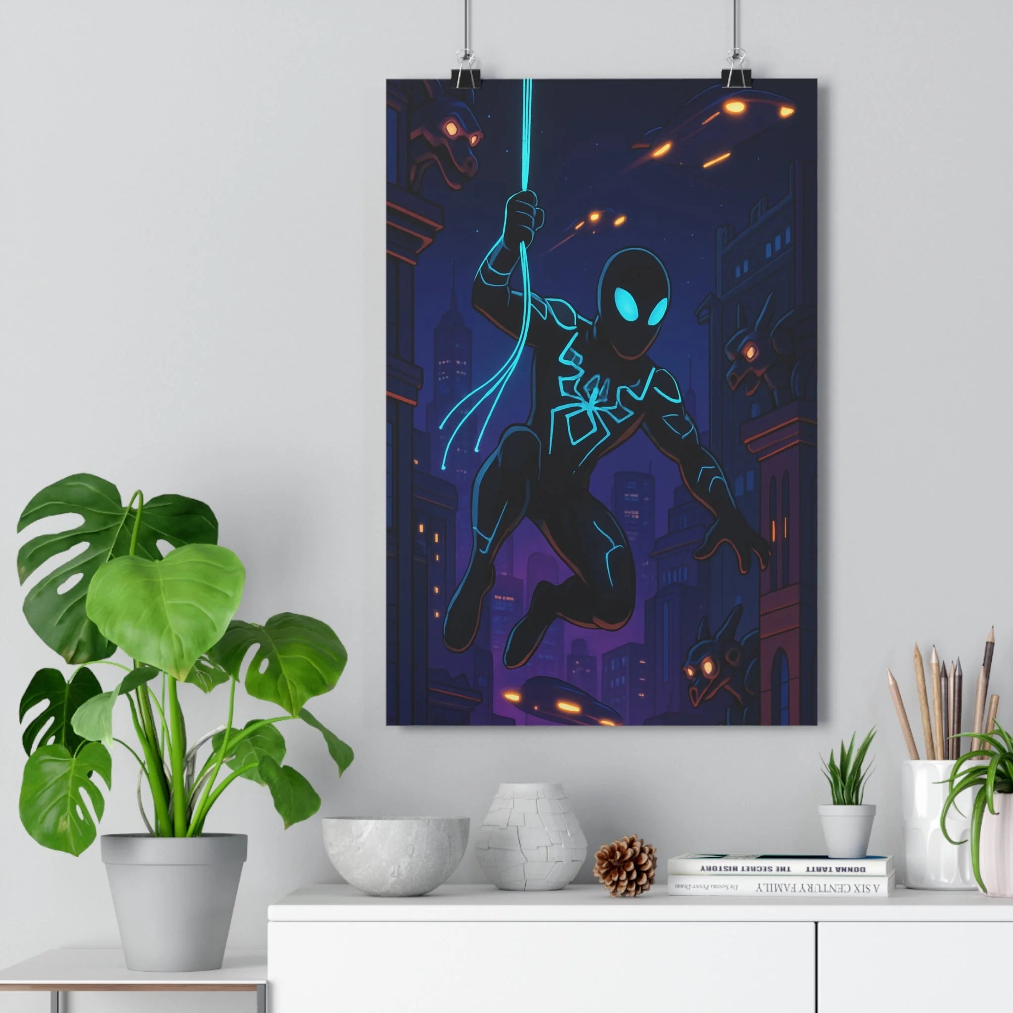 Poster décoratif urbain néogothique bleu noir chambre aventure héros futuriste ambiance lumineuse moderne qualité