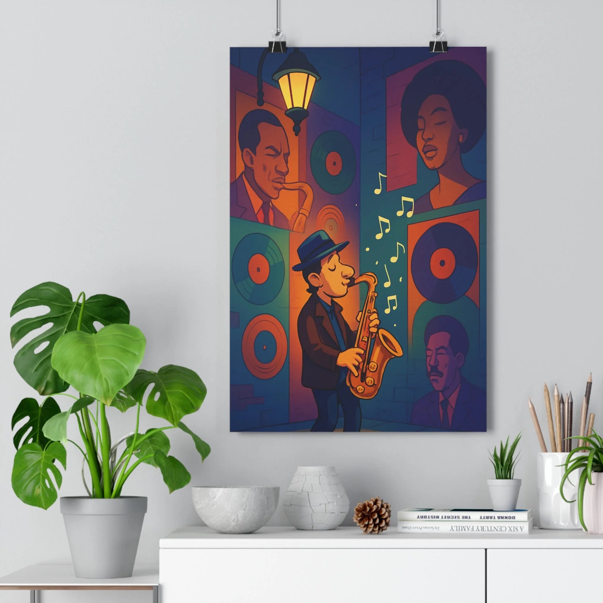 Poster décoratif urbain jazz saxophone musique couleur chaude salon moderne vibrant dynamique 30x46 qualité