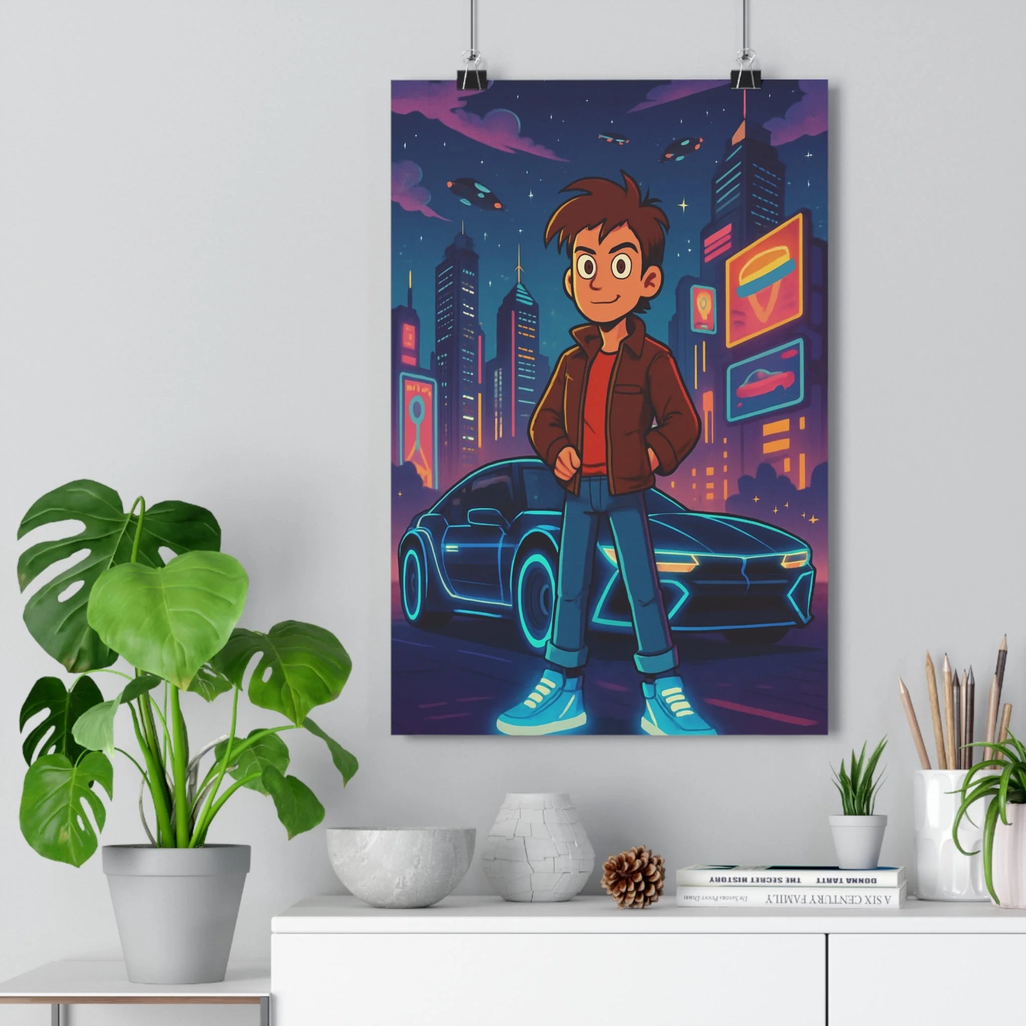 Poster décoratif futuriste néorétro bleu violet animé nostalgique dynamique chambre bureau style 30x46 cm