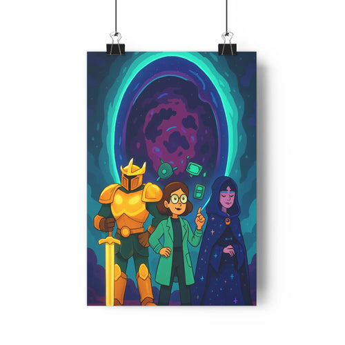 Poster mystique épique armure épée femme lunettes téléphone robe bleu violet spatial moderne détaillé futuriste intrigue chambre bureau