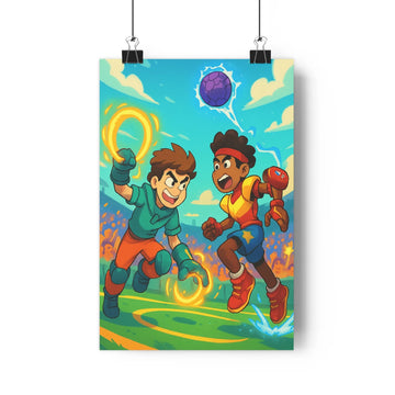 Poster dynamique enfants course énergie décor vert ciel bleu plantes action joyeux cartoongansters styles retro moderne chambre adolescent